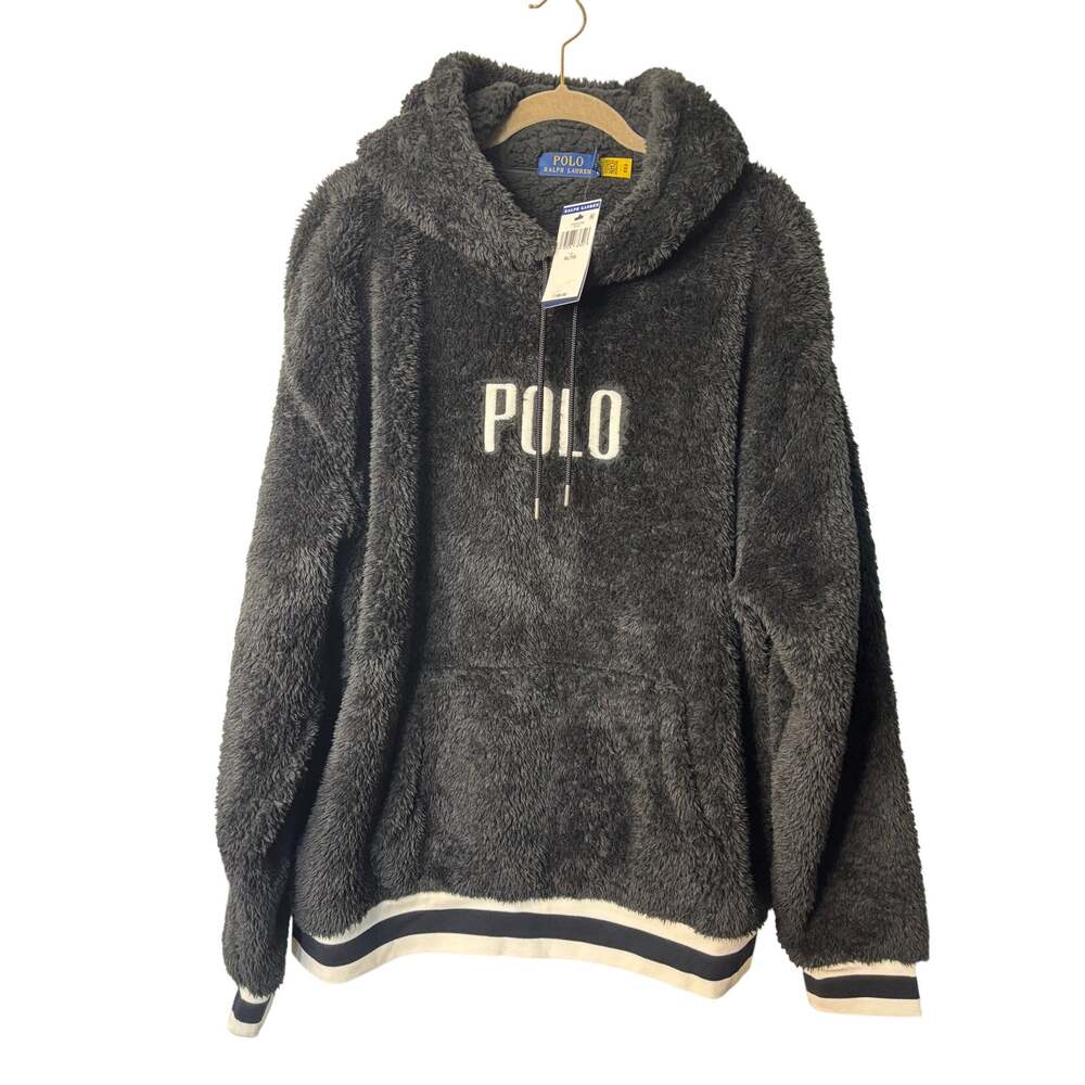 NWT Polo Ralph Lauren Black Sherpa Fleece Logo Hoodie Sweatshirt XL/TG $198